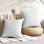 YCOLL Farmhouse Pillow Covers 24x24, Modern Accent Square Throw Pillow Covers Set of 2, Light Blue and Beige Striped Patchwork Linen Decorative Cushion Covers for Couch Chair Bedroom Home Decor