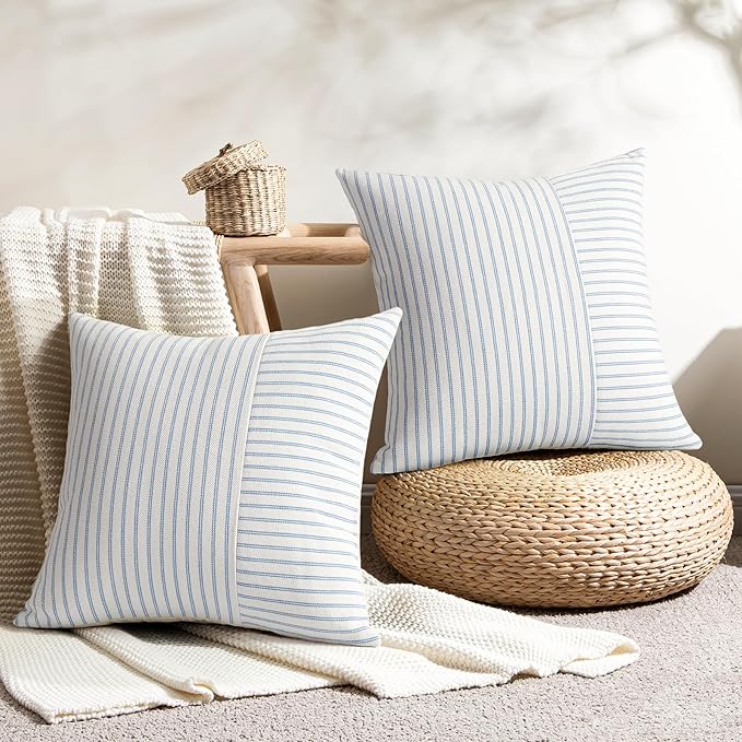 YCOLL Farmhouse Pillow Covers 22x22, Modern Accent Square Throw Pillow Covers Set of 2, Light Blue and Beige Striped Patchwork Linen Decorative Cushion Covers for Couch Chair Bedroom Home Decor