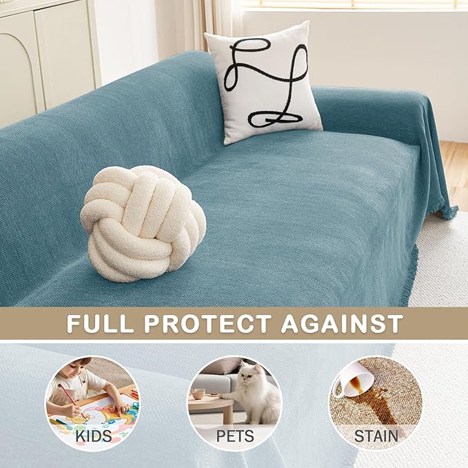 hyha Couch Cover for Dogs, Boho Sofa Covers for 3 Cushion Couch Washable, Chenille Sofa Slipcover for Pets, Soft Loveseat Sectional Couch Throw Blankets with Tassels (Blue, 71x91 Inch)