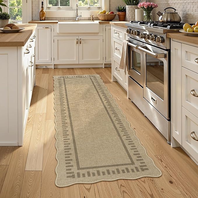 LIVEBOX Scalloped Washable 2x6 Runner Rug, Easy Jute Outdoor Rug Kitchen Tan Rugs for Entryway Hallway, Indoor Non Slip Rugs Farmhouse Geometric Modern Carpet for Laundry Room Bedroom Door Mat Porch
