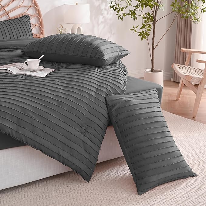 JELLYMONI Pillowcases Standard Size Dark Grey 2 Pack Boho Striped Bed Pillow Covers 20x26in Polyester Envelope Pillow Shams Tufted Bohemian Textured (Pillows are not Included)