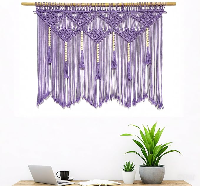 Youngeast Large Macrame Wall Hanging Boho Woven Tapestry Bohemian Macrame Wall Decor Handmade Tassel Tapestry Home Decoration for Bedroom Living Room 39"X31" (Wood Dowels Not Included) (Purple)