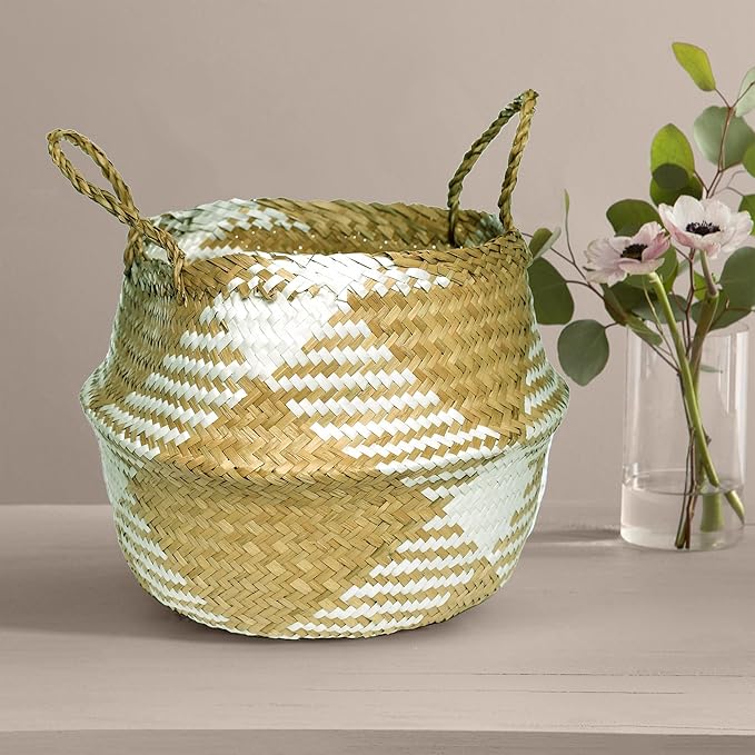 LiloCraft Seagrass Plant Basket Large (Size: 12x11inches, Pattem: White Diamond) - Home Decor Storage Solution with Eco-Friendly, Woven Basket Planter Indoor with Handles, Round Boho Plant Pot