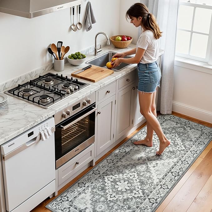 Lessymo 2 x 5 Runner Entryway Rug, Machine Washable Kitchen Rugs Boho Faux Wool Low Pile Long Rug for Bedroom, Floral Medallion Vintage Rugs with Non-Slip Rubber, Grey Beige