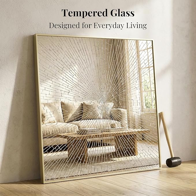 30"x30" Gold Square Mirror for Wall, Metal Framed Bathroom Vanity Mirror, Modern Geometric Mirror for Double Sink, Boho Entryway Decor, Flush Mount