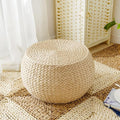 Natural Straw Round Pouf Ottoman, Handwoven Boho Footstool with Wood Frame for Living Room Bedroom Patio Garden (12.2"x12.2"x8.7")