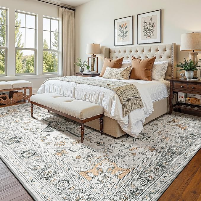 Lessymo 6x9 Area Rugs for Living Room, Washable Rug for Bedroom Dining Room, Soft Vintage Indoor Carpet Non Slip, Large Boho Rug Low Pile for Dorm Office Nursery Bedside Home Decor, Grey/Brown