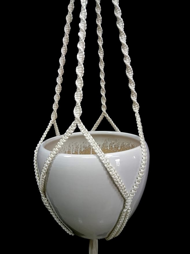 4 Legs Polypropylene Fiber Rope Macrame Plant Hanger Hanging Planter Holders Black& White Color, 48-inches for 10-12" Pot (White)