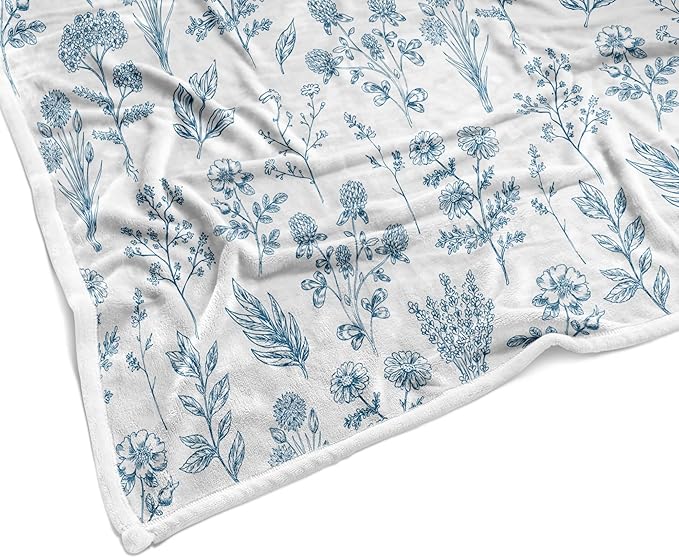 Floral Fuzzy Blanket Boho Floral Throw Blanket, Blue Botanical Flowers Blankets, Soft, Flannel, Warm, Rustic Flowers Bed Blankets All Season for Couch Bedroom Living Room 50X60 Inch