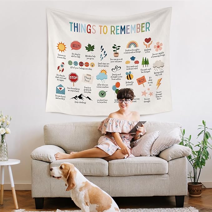 WARDOS Mental Health Tapestry, Things to Remember Inspirational Tapestry Wall Hanging, Positive Affirmation Psychology Wall Blanket Decor for Therapy Calming Office Classroom, 50x60 Inch