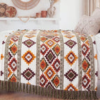 CASAAGUSTO Boho Throw Blanket - Orange and Green Decorative Blankets with Tassel, Printed Flannel Bohemian Blanket for Chair, Bed, Sofa, Couch(60 * 80, Orange and Green)