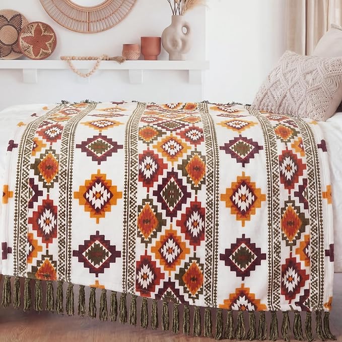 CASAAGUSTO Boho Throw Blanket - Orange and Green Decorative Blankets with Tassel, Printed Flannel Bohemian Blanket for Chair, Bed, Sofa, Couch(50 * 60, Orange and Green)