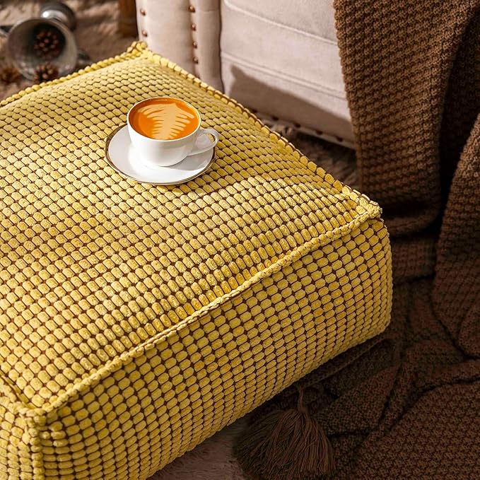 SUTAVIA Pouf Ottoman Cover Unstuffed Pouf Seat Decorative Soft Storage Bean Bag 20x20x8 Inches Square Floor Footrest for Living Room Bedroom (Yellow, Square)