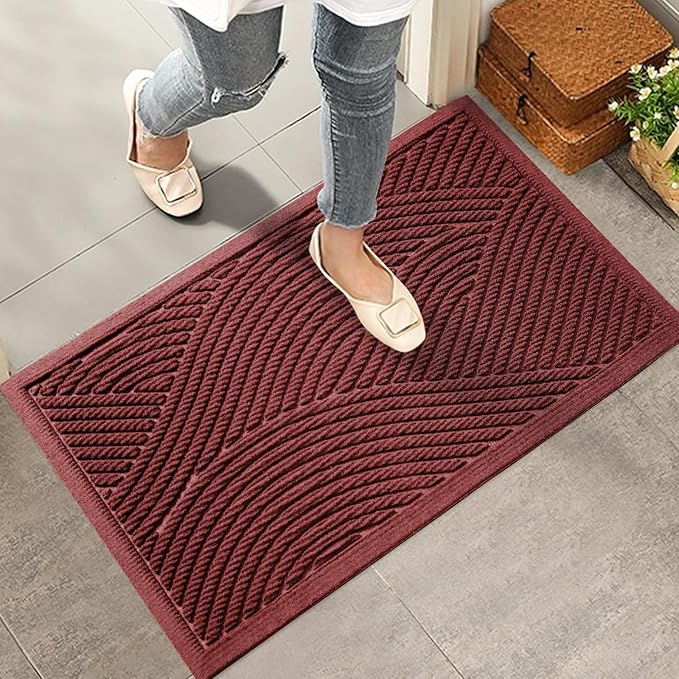Sturdy Front Door Mat, Absorbent Muddy Dirt Resist Welcome Door Mats Outdoor Indoor, Stain and Fade Resistant, Non-Slip Backing Entry Mat Low Profile Doormat for Entryway, 29×17, Red