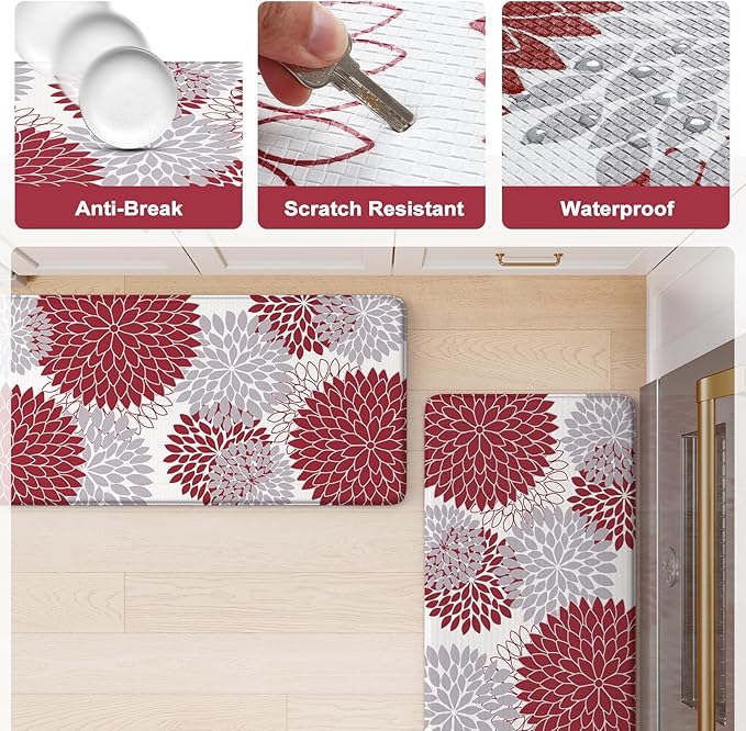 Anti Fatigue Kitchen Mats for Floor 2PCS,17"x47"+17"x29" Farmhouse Dahlia Kitchen Rugs Non Slip Rubber Backing,Waterproof Cushioned Standing Mat for Office,Laundry,Sink,Desk,Red
