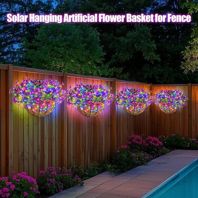 GOESWELL Wall Hanging Basket with Artificial Flowers: Fake Plants Basket with RGB String Lights for Fall Outdoor Decor - Solar Flowers Baskets with Faux Silk Flower for Front Porch Patio Garden Decor
