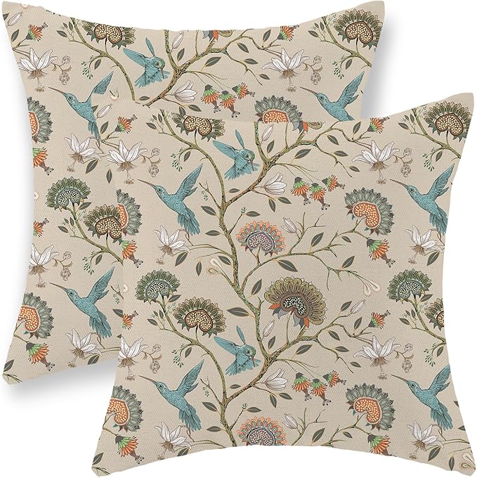 Chinoiserie Pillow Covers 18x18 Inch Set of 2 Blue Green Bird Floral Throw Pillows Vintage Plants Flower Decorations Pillow Cases Outdoor Chinoiserie Decor Linen Cushion Cover for Couch Home