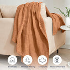 PHF 100% Cotton Muslin Throw Blanket 50" x 60", 4-Layer Lightweight Gauze Throw, Breathable Cloud-Soft Minimalist Blanket for Bed, Couch, Camping & Baby, Caramel, Ideal Gift