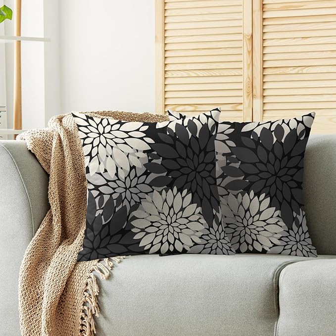 Black Cream Grey Gray Pillow Covers 16X16 Inch Set of 2, Modern Dahlia Floral Print Decorative Throw Pillow Covers Outdoor Farmhouse Cushion Case for Home Couch Sofa Bed Decoration