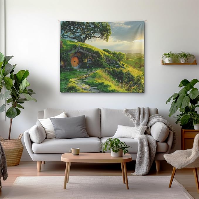 Xolytar Hobbit Style House Tapestry for Bedroom – Green Hill Garden Landscape Backdrop for Ring Lord Fans Party, Fantasy Birthday Decoration, Classroom Reading Corner Background (60x50)