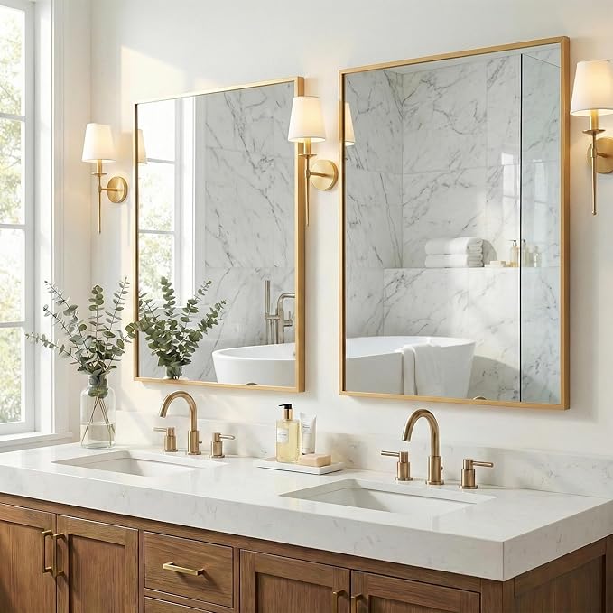 2-Pack 22"x30" Brushed Gold Bathroom Mirror, Modern Brass Deep-Set Metal Frame, Heavy-Duty Rectangular Vanity Mirror, Chic Bedroom & Powder Room Decor