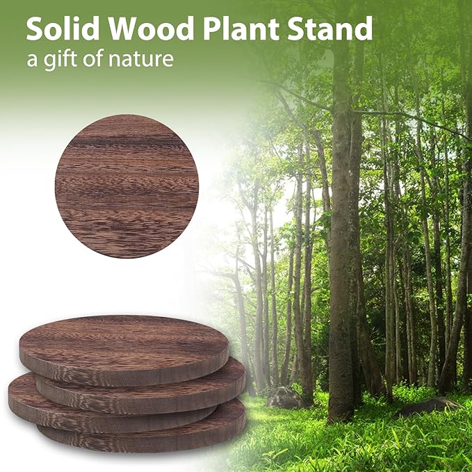 2 Pcs 8 inch Plant Stands, Small Floor Indoor Plant Stand, Mid Century Wood Planter Stand with Metal Leg, Round Modern Plant Stool for Indoor Outdoor Flower Pots (Brown)