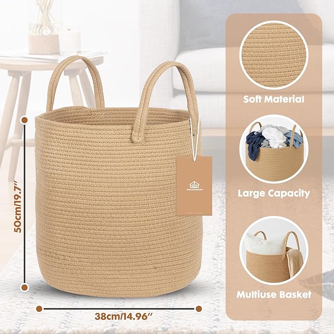 ShellKingdom Laundry Basket, Large Natural Rope Woven Storage Basket with Handles for Home, Living Room, Laundry, Storage Organizer for Blankets, Clothes, Plant, Toys, 19.7 x 14.96 INCH (Jute)