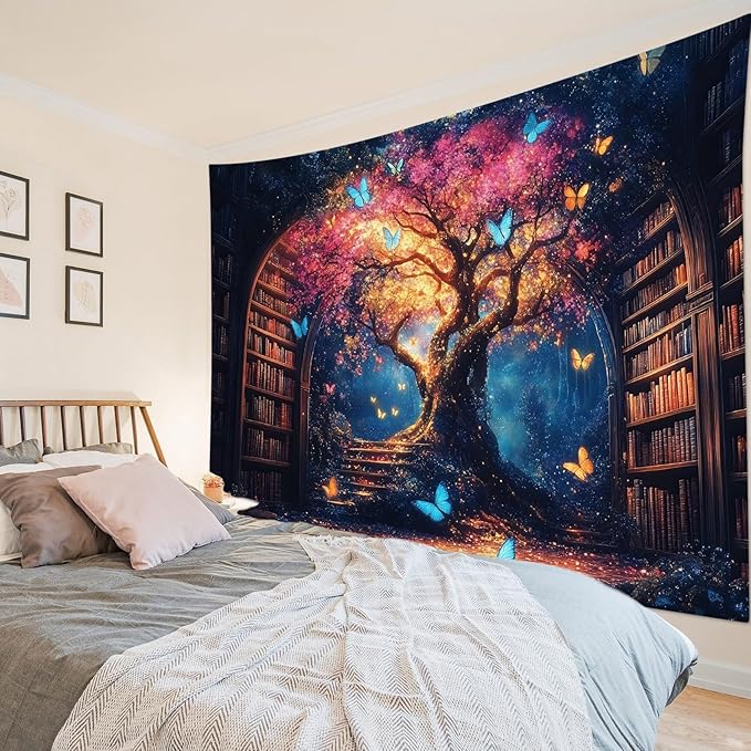 LB Gothic Library Tapestry Classroom Magical Tree Butterfly Witchy Books Wall Tapestry Vintage Bookshelf Wall Decor Tapestries for Bedroom Living Room College Dorm,78Wx60H inches