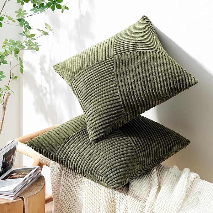 Topfinel 24x24 inches Pillow Covers Set of 2 Olive Green Corduroy Decorative Throw Pillow Covers for Sofa Couch Bed, Windmill Textured Striped Patchwork Couch Spring Pillow Case 60x60 cm