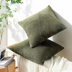 Topfinel 24x24 inches Pillow Covers Set of 2 Olive Green Corduroy Decorative Throw Pillow Covers for Sofa Couch Bed, Windmill Textured Striped Patchwork Couch Spring Pillow Case 60x60 cm