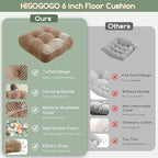 HIGOGOGO 6" Extra Thick Floor Pillow Cushion for Adults, Meditation Cushion Pillow, Large Square Floor Sitting, Tufted Corduroy Cover, for Tatami Living Room or Yoga, 22x22 Inch, Coffee