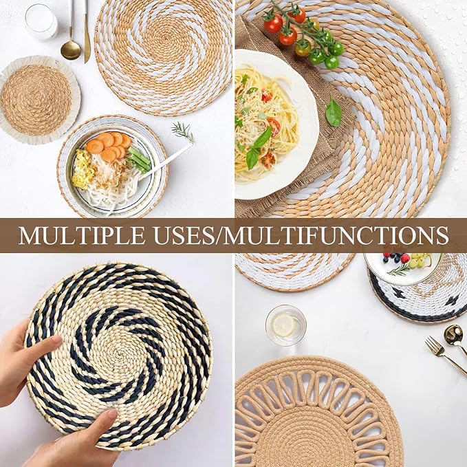 8 Pack Boho Wall Decor, 12 Inch Wall Basket Decor Round Handmade Hanging, Rattan Woven Wall Basket Decor for Living room, Rustic Flat Elegant, Farmhouse, Bedrooms, Table Settings, Kitchen Home