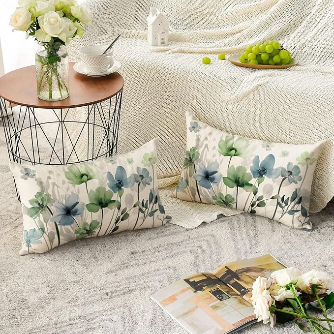 AVOIN colorlife Poppy Flowers Chinoiserie Throw Pillow Covers, 12 x 20 Inch Blue Sage Green Seasonal Leaves Cushion Case Decoration for Sofa Couch Set of 2