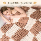 L'AGRATY Chunky Knit Blanket Throw: 50''x60'' Chenille Chunky Knitted Throw Blankets for Bed Couch - Handmade Thick Cable Knit Blanket - Large Crochet Rope Blankets for Home Decor(Brown Checkered)