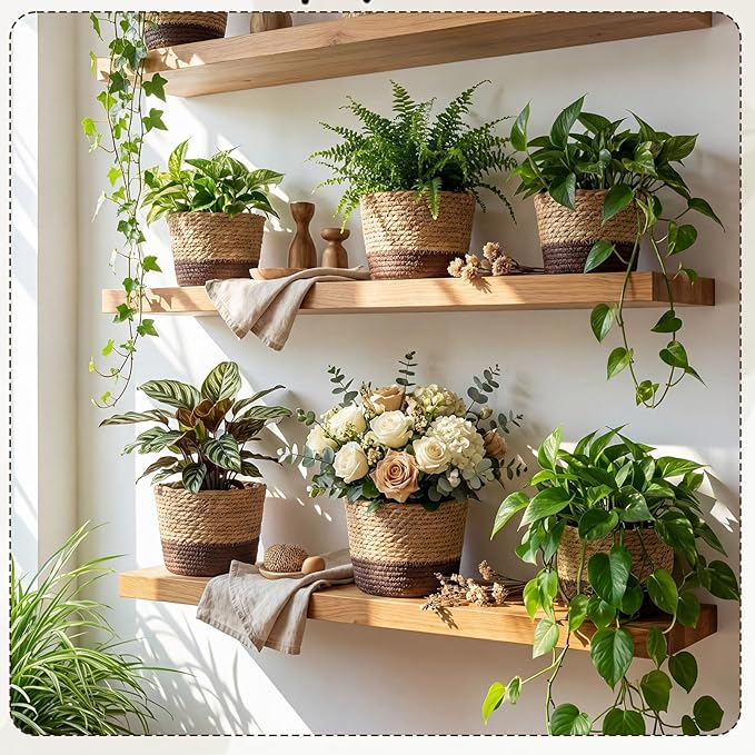 12 Pcs Seagrass Plant Basket with Plastic Liners Woven Stylish Planter Baskets Bulk Indoor Outdoor Plants Woven Wicker Baskets for Flower Pots Cover and Room Decor Small (Small,Scandinavian)