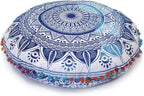 CRAFT KALA 22" Round Mandala Boho Pillow Cover Meditation Room Seating Poufs Cover for Living Room Yoga Room Home Bedroom Balcony Garden Party Decoration Cotton Floor Cushion Cover (Blue Trishul)