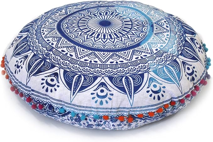 CRAFT KALA 22" Round Mandala Boho Pillow Cover Meditation Room Seating Poufs Cover for Living Room Yoga Room Home Bedroom Balcony Garden Party Decoration Cotton Floor Cushion Cover (Blue Trishul)
