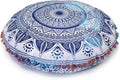 Round Mandala Floor Pillow Cover Seating Cushion Throw Cover Hippie Decorative Bohemian Ottoman Pouf Cover, Pom Pom Pillow Cases,Boho Indian 22 Inches (White and Blue)