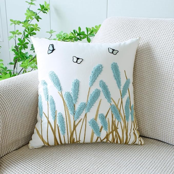 vctops Farmhouse Pampas Grass Cotton Tufted Throw Pillow Cover Boho Embroidery Pillowcase Soft Square Cushion Case for Sofa Couch Bed Chair (Blue C,18"x18")