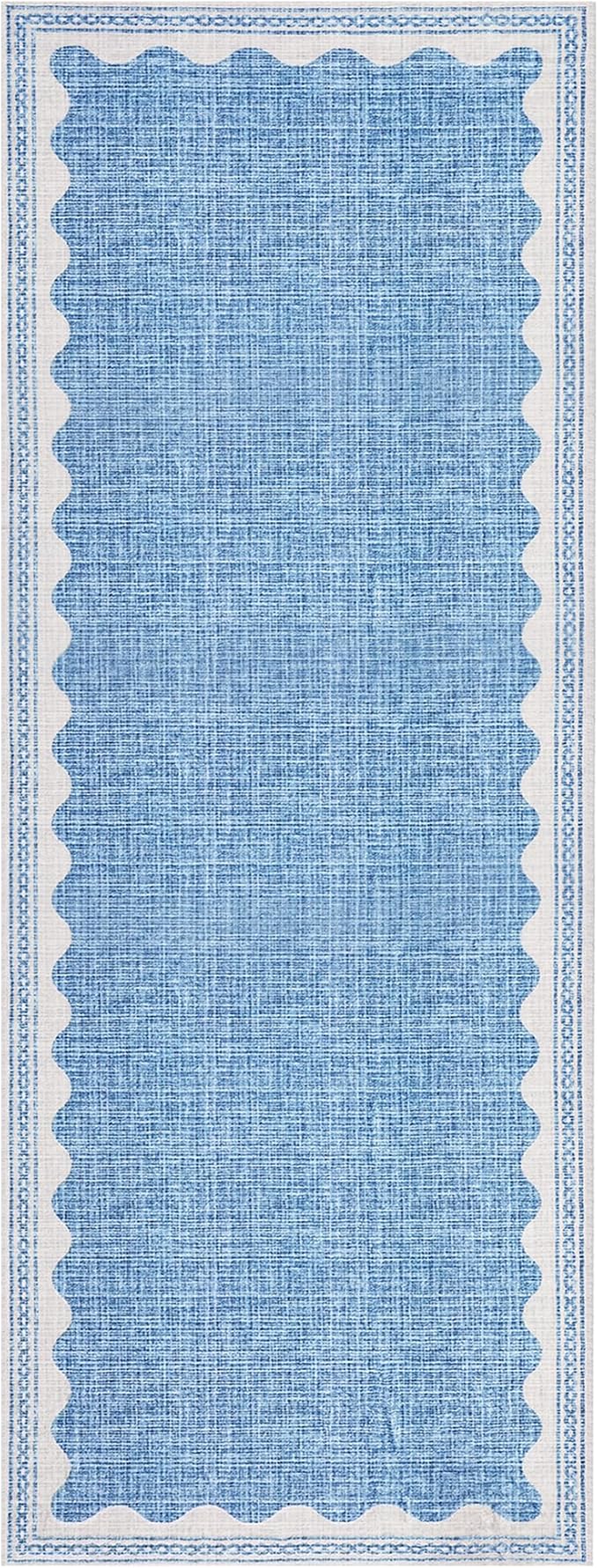 GarveeHome 2x10 Runner Rug for Hallway Washable Kitchen Rugs Non Slip Solid Blue Modern Minimalism Soft Low-Pile Scalloped Indoor Carpet for Entryway Laundry Room Floor Mats