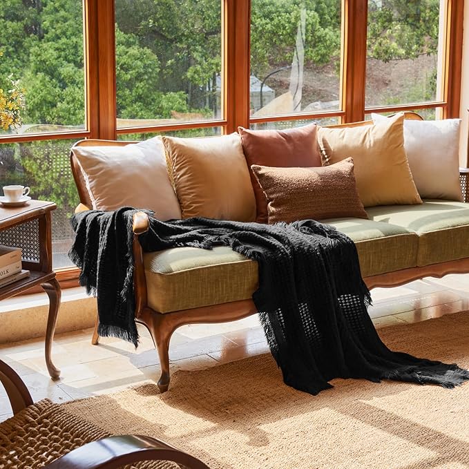 lifein Fall Black Throw Blanket for Couch-Soft Boho Bed Throw Blankets,Cozy Knitted Waffle Throw,Small Farmhouse Lightweight Blanket&Throw for Autumn,Woman,Man,Chair,Sofa,Home Decor(Black,50 * 60")