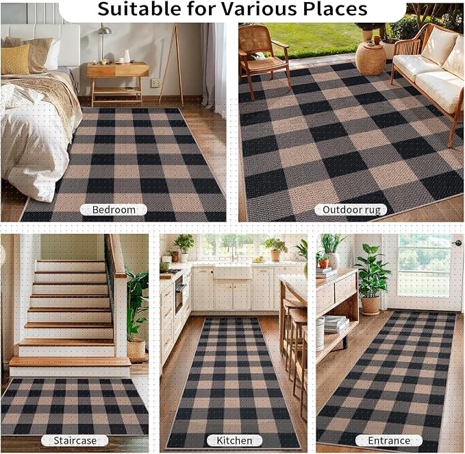 Tangsoo Checkered 4x6 Washable Easy Jute Area Rug for Patio,Non-Slip Black Grey Indoor Outdoor Rug,Modern Throw Mat Ultra Thin Carpet for Front Porch Kitchen Bedroom Foyer