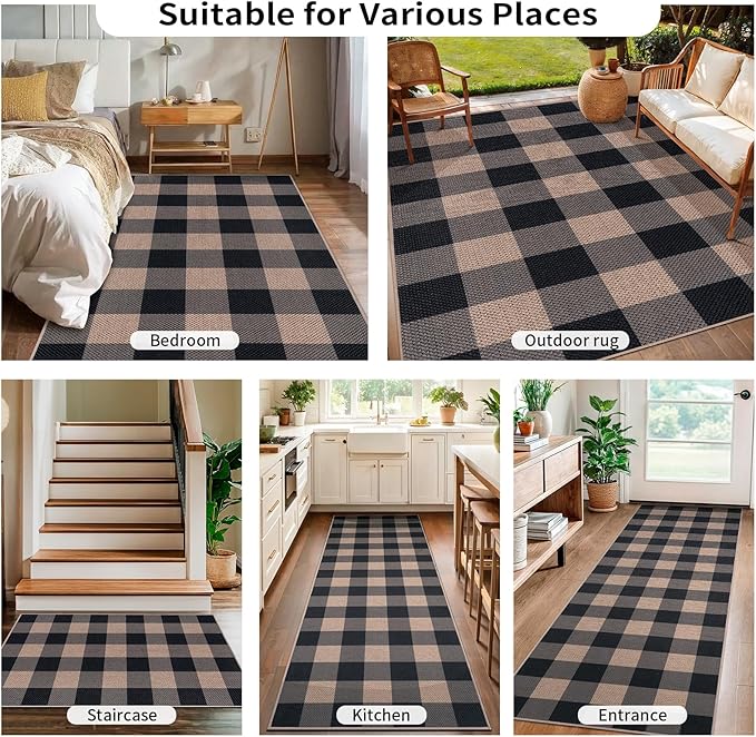 Tangsoo Checkered Easy Jute Rug, 2x3 Washable Ultra Thin Rug for Entryway Non-Slip Black Grey Outdoor Rug,Modern Front Door Mat Carpet for Kitchen Bedroom Porch Doorway