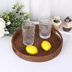 Hipiwe Round Rattan Serving Tray Handwoven Decorative Wicker Basket Trays with Handles Coffee Table Centerpiece Tray Fruit Organizer Basket for Breakfast Drinks Snack, 12 inch