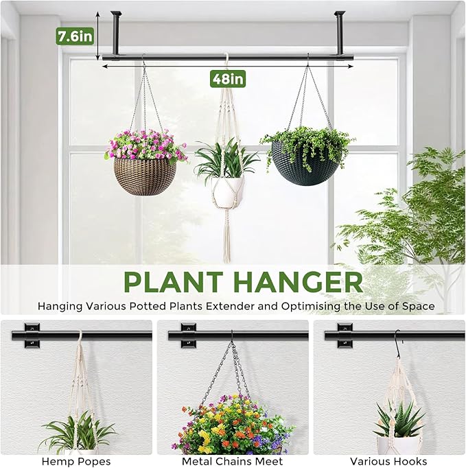 Hanging Planters for Indoor Plants, 48 Inch Heavy Duty Plant Hanger Indoor, 1 Inch Diameter Metal Rod, Hanging Plant Holder for Window Wall, Matte Black, Square Flange Base, Pot Not Included