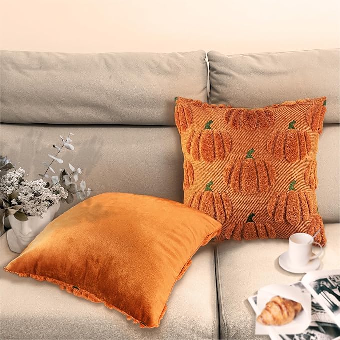 Fall Pumpkin Decorative Throw Pillow Covers 22x22 Set of 2 Pillow Covers, Faux Fur Square Pillow Cover Fluffy Plush Accent Throw Pillow Case, Throw Pillow Cover Cushion Cover for Autumn