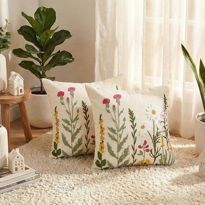 AVOIN colorlife Spring Summer Floral Daisy Embroidered Throw Pillow Covers, 18 x 18 Inch Colorful Flowers Decorative Tufted Patterned Linen Cushion Case for Sofa Couch Set of 2