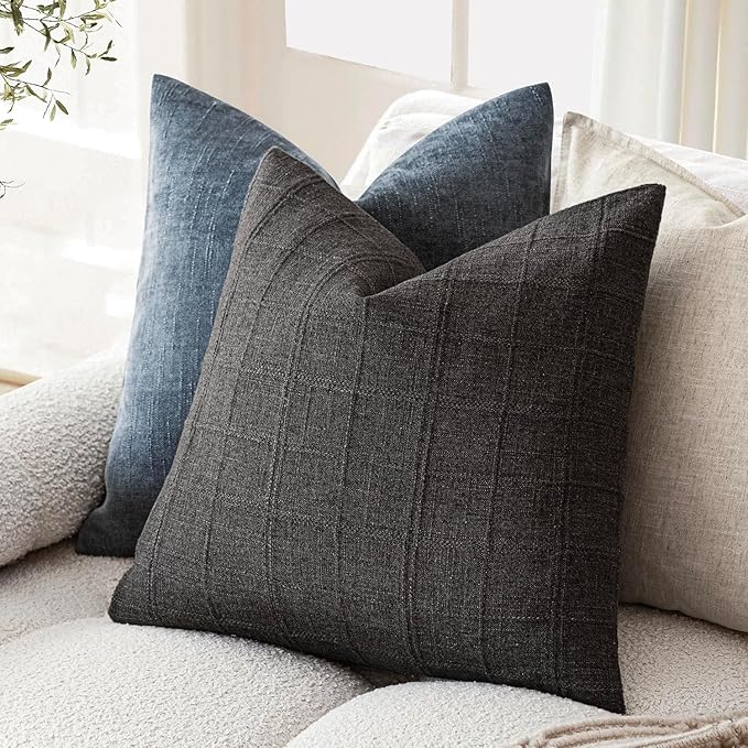 Foindtower Set of 2 Decorative Linen Check Throw Pillow Covers Neutral Farmhouse Vintage Cushion Covers Modern Boho Home Decor for Sofa Chair Couch Bedroom Living Room,20×20 Inch,Charcoal