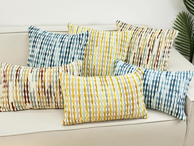 Boho Chenille Striped Pillow Cover 18x18 Inch, Decorative Pillow Cover for Couch Bed Sofa Living Room Bedroom Farmhouse Modern Home Decor Accent Pillowcases Set of 2, Multicolor