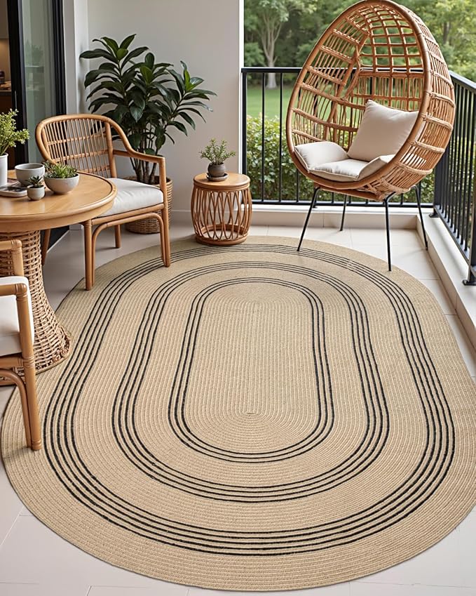 DEXI Jute Area Rug Natural Fiber 6x9 Oval, Woven Braided Durable Farmhouse Design Rugs for Living Room, Bedroom Dinning Room Office Outdoor Patio, Beige/Black